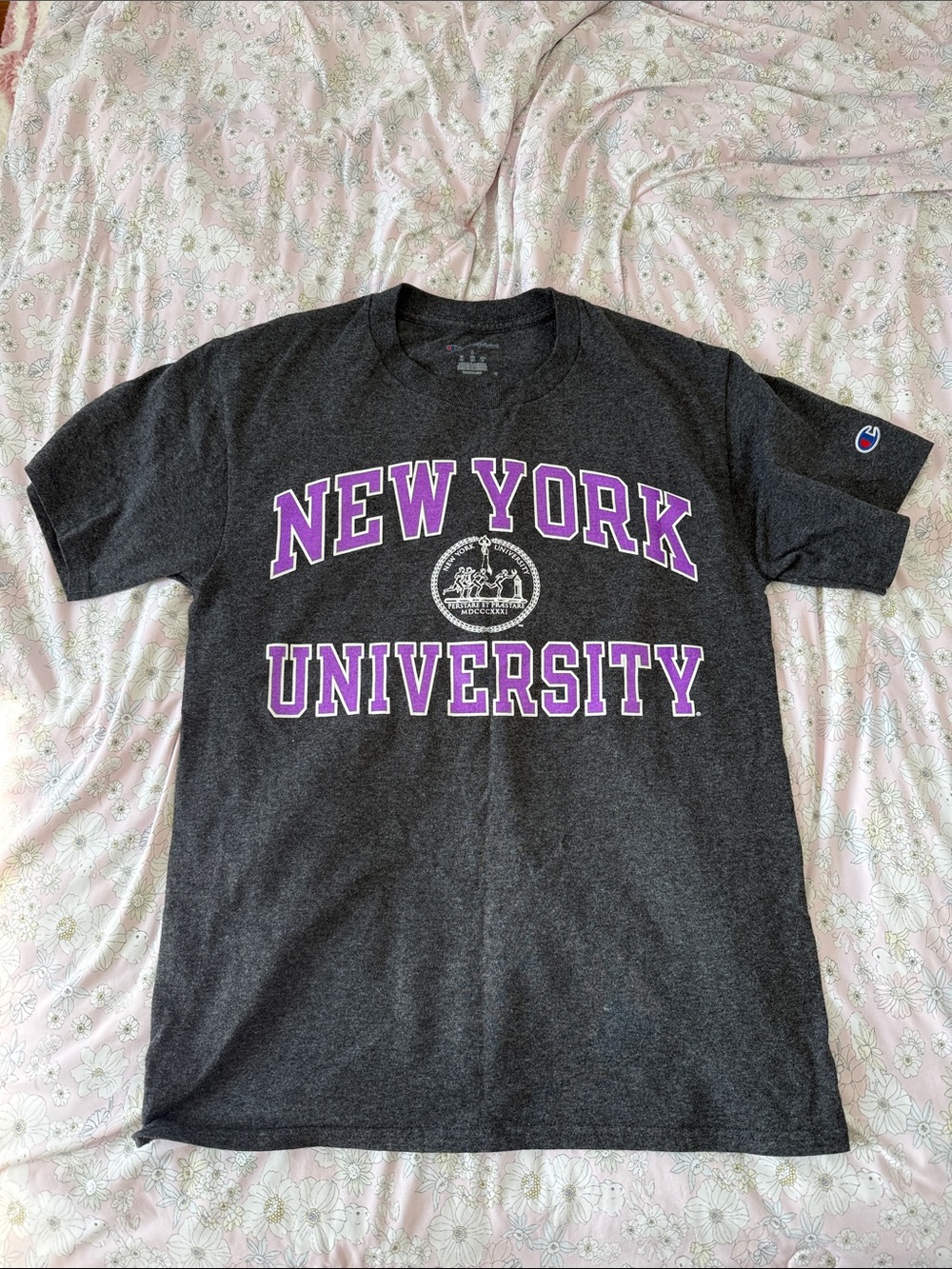 Champion Charcoal New York University Tee with Purple Lettering